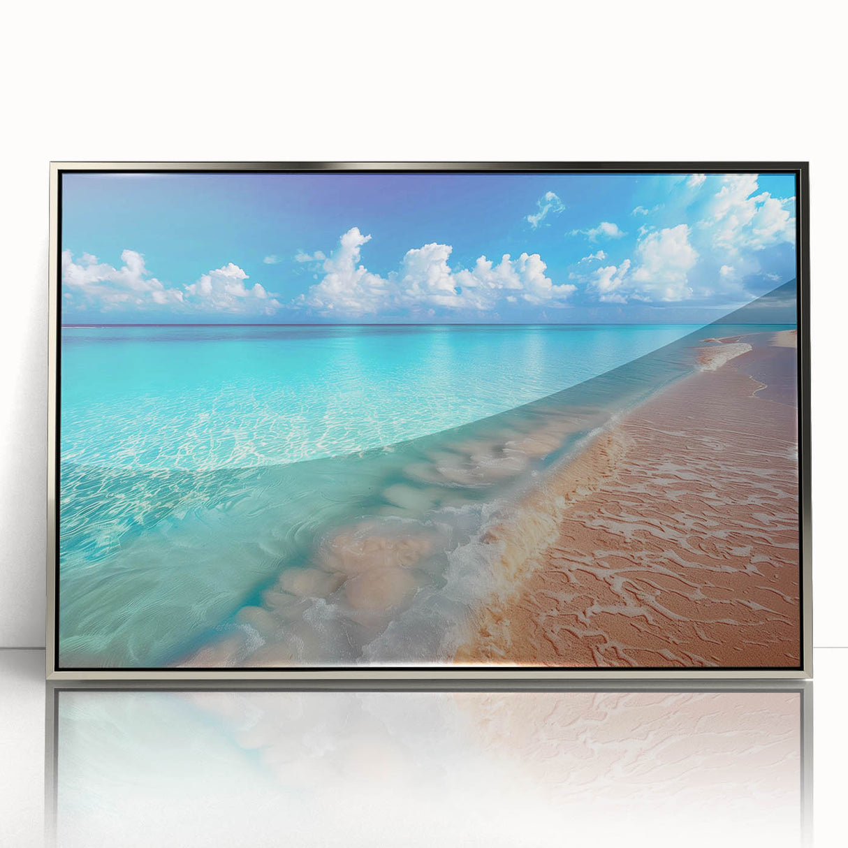 Framed wall art showcasing a serene beach landscape with vibrant colors, set in a sleek silver frame, perfect for adding a coastal vibe to any room.