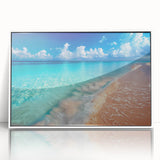 Framed wall art collection showcasing a serene beach landscape with vibrant colors, presented in a sleek white frame, perfect for home decor.