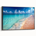 Framed canvas wall art showcasing a serene beach landscape with vibrant colors and intricate details, set against a sleek black frame, ideal for coastal decor.