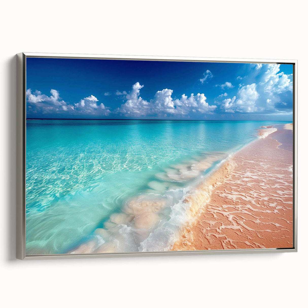 Framed canvas wall art depicting a serene beach landscape with vibrant colors, silver frame accentuating the scene, ideal for enhancing modern home decor.