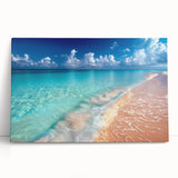 Stretched canvas wall art showcasing a serene beach landscape with soft pastel colors and gentle waves, perfect for coastal-themed decor and relaxation.
