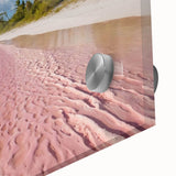 Close-up of a vibrant acrylic glass wall art piece showcasing a serene beach landscape with soft waves, blue skies, and golden sands, ideal for modern home decor.