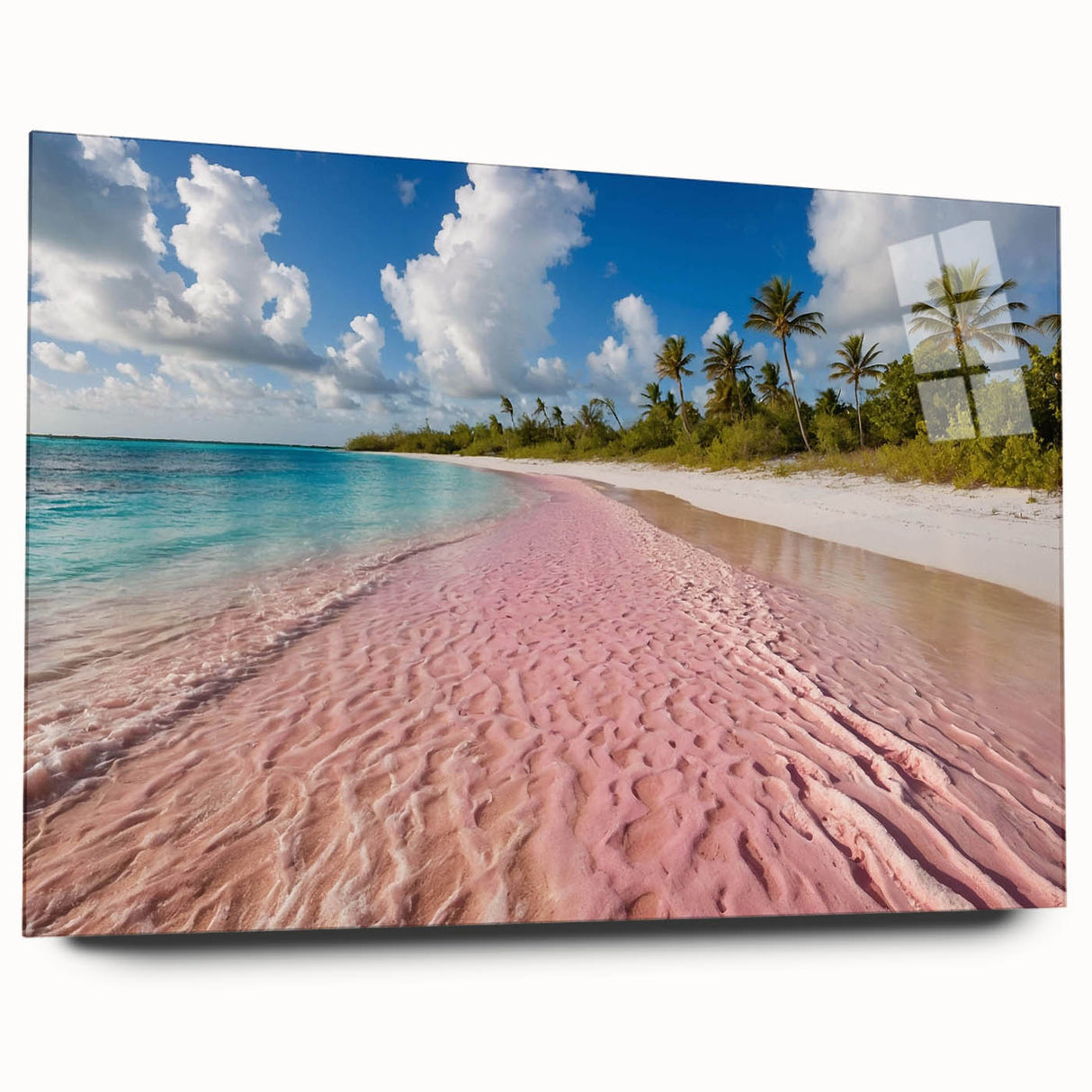 Side view of a stunning acrylic glass wall art piece showcasing a vibrant beach landscape design, ideal for home decor. The artwork features rich colors and intricate detail, capturing the serene beauty of coastal scenery. Perfect for adding a refreshing touch to any living space.