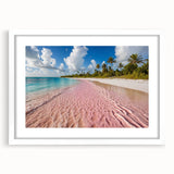 Framed wall art featuring a serene beach landscape, set in a white mat and frame, ideal for home decor or office aesthetics, adding a calming ocean vibe.
