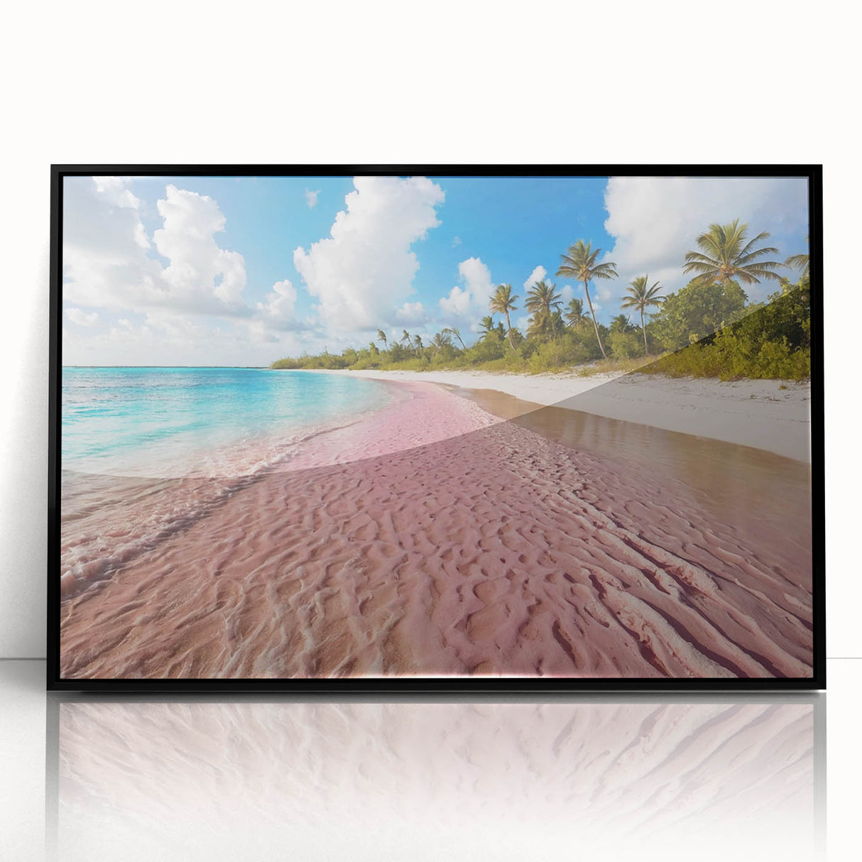 Framed black acrylic wall art showcasing a serene beach landscape, perfect for modern home decor, highlighting calming ocean colors and peaceful vibes.
