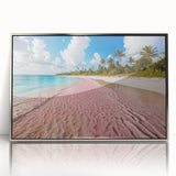 Framed acrylic wall art showcasing a serene beach landscape, featuring vibrant colors and a silver frame, perfect for home decor or coastal-themed interiors.