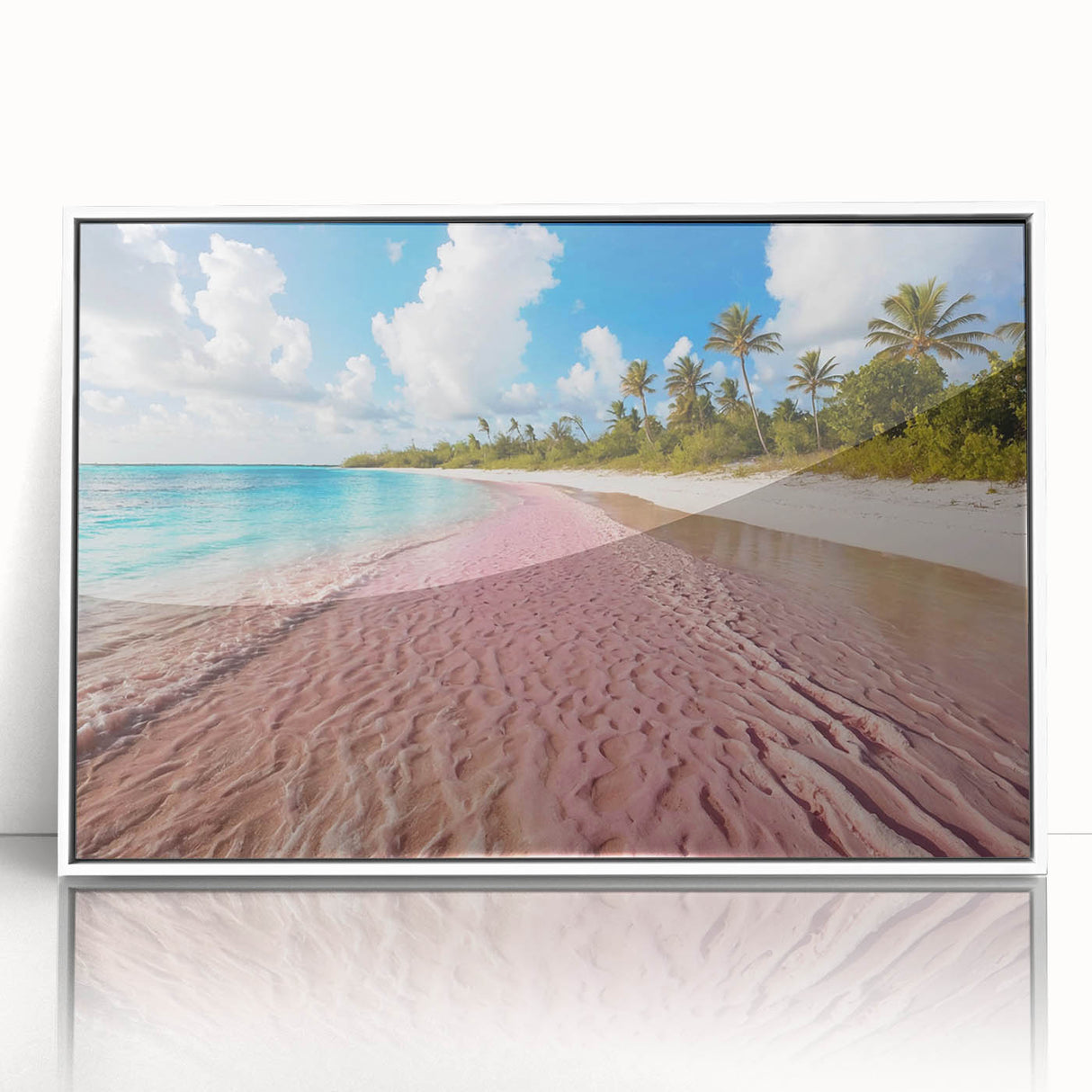 Framed acrylic wall art featuring a vibrant beach landscape design with soft waves and a clear sky, displayed in a sleek white frame for modern decor.