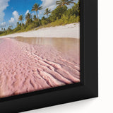 Framed canvas wall art showcasing a vibrant beach landscape with turquoise waters and golden sand, perfect for adding a coastal vibe to any room decor.