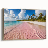 Framed canvas wall art showcasing a serene beach landscape with vibrant colors, accented by a stylish gold frame, ideal for home decor.