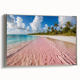 Framed canvas wall art showcasing a serene beach landscape with vibrant colors, silver frame, and side view display, perfect for coastal decor enthusiasts.