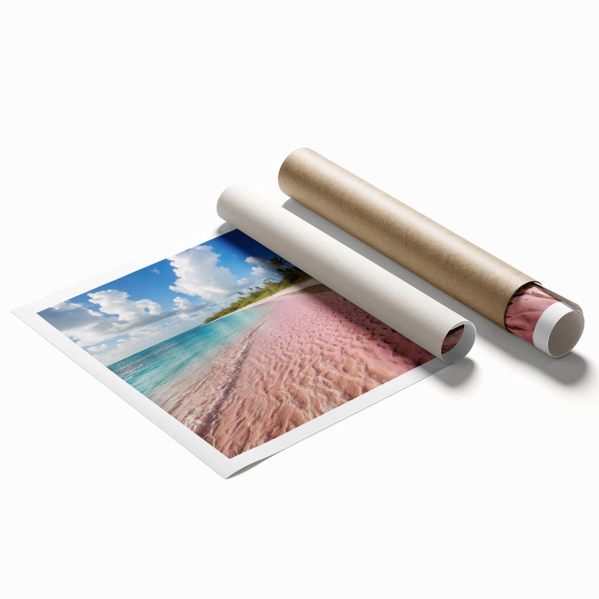 Vibrant rolled print showcasing a serene beach landscape design, featuring soft pastel colors and gentle waves, ideal for wall art decor in coastal-themed interiors.