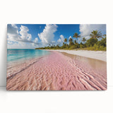 Stretched canvas wall art depicting a serene beach landscape, showcasing vibrant blues and soft sand tones, perfect for home décor. Ideal for coastal-themed interiors.