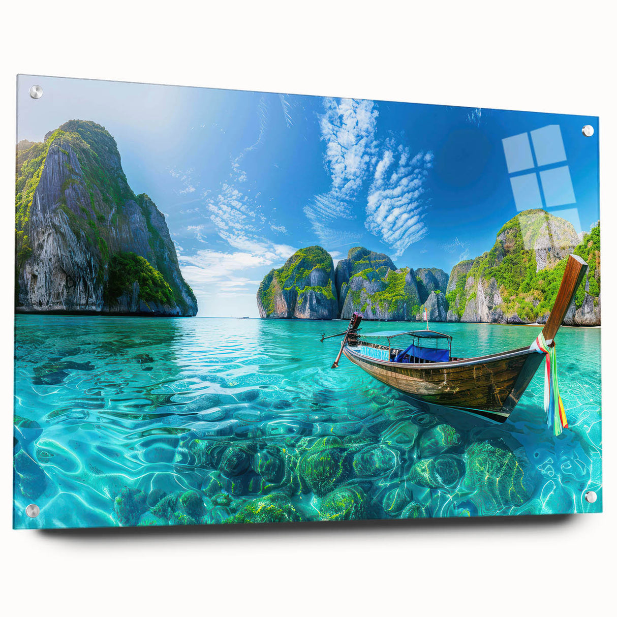 Acrylic glass wall art collection showcasing a vibrant beach landscape design, featuring blue skies and sandy shores, elegantly displayed from a side view with decorative pins.