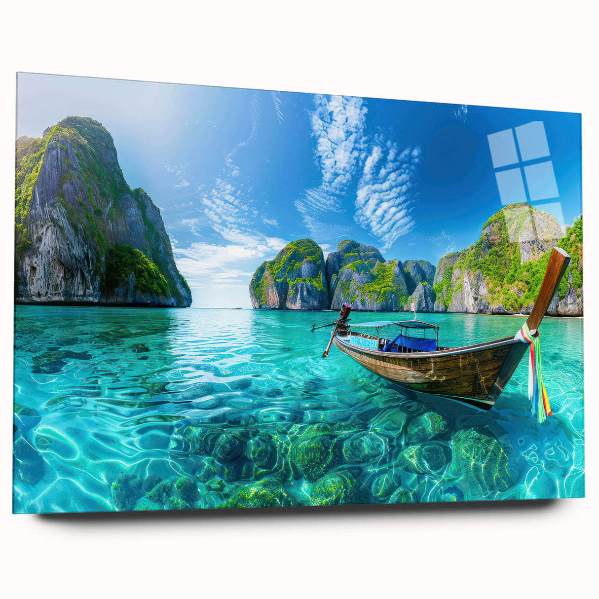 Acrylic glass wall art design showcasing a serene beach landscape with vibrant colors and intricate details, displayed from a side view without pins. Ideal for modern home decor.