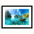 Framed wall art featuring a serene beach landscape design with vibrant colors, black frame, and matting, perfect for enhancing home décor.