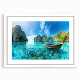 Framed wall art showcasing a serene beach landscape in vibrant colors, featuring a white mat and sleek frame, ideal for home decor and relaxation themes.