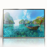 Framed acrylic wall art showcasing a vibrant beach landscape design, featuring soothing blue and sandy tones, ideal for coastal home decor.