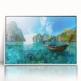 Framed wall art featuring a serene beach landscape with soft waves and a pastel sunset, displayed in a white frame, ideal for coastal decor enthusiasts.