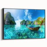 Framed canvas wall art showcasing a vibrant beach landscape design, featuring a tranquil ocean view with a sunset palette, displayed from a black side angle.
