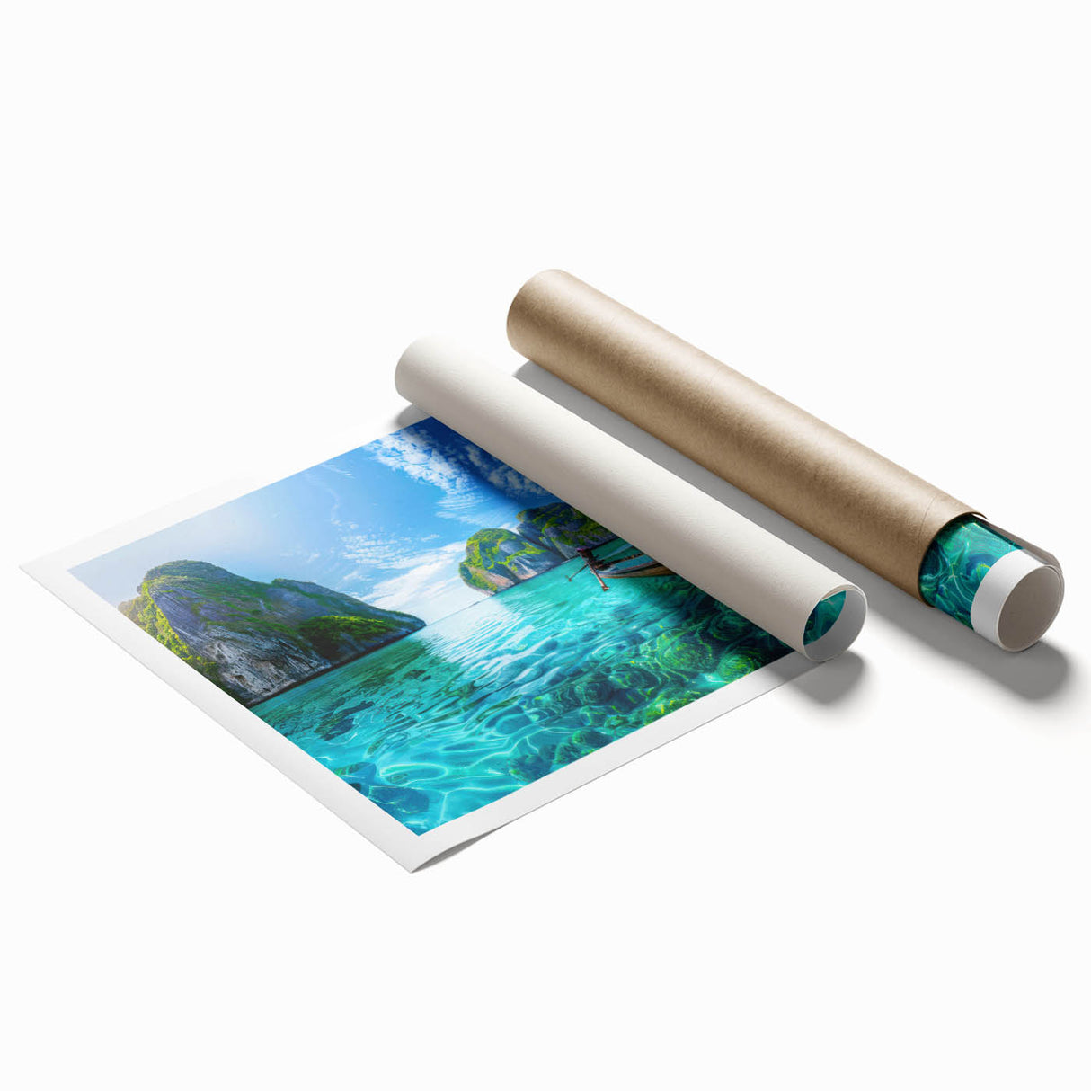 Vibrant rolled print of a serene beach landscape design, showcasing soft blue and sandy hues, ideal for home decor and wall art collection. Perfect for adding a tranquil coastal vibe to any space.