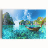 Stretched canvas wall art showcasing a vibrant beach landscape with azure skies and golden sands, perfect for adding coastal charm to any room.