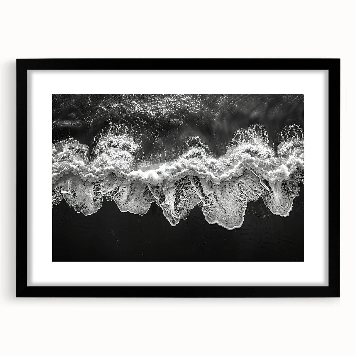 Framed wall art featuring a serene beach landscape, showcased in a sleek black frame with a white mat, ideal for coastal-themed home decor. Perfect for adding a calming aesthetic to living spaces.