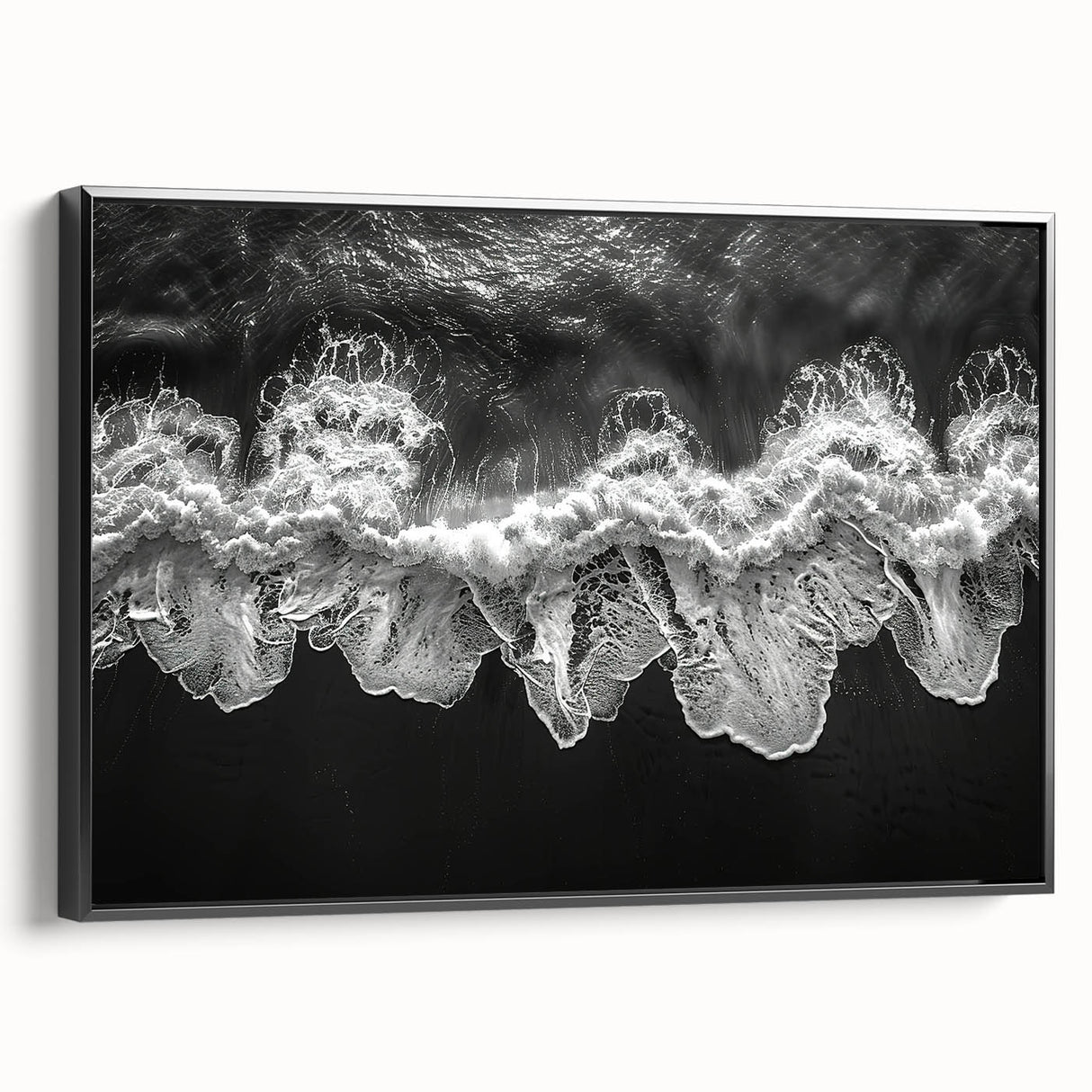 Framed canvas wall art showcasing a serene beach landscape with vibrant colors and intricate details, presented in a sleek black frame, perfect for home decoration.