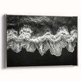 Framed canvas wall art showcasing a serene beach landscape with vibrant colors and intricate details, elegantly bordered in silver for added sophistication.