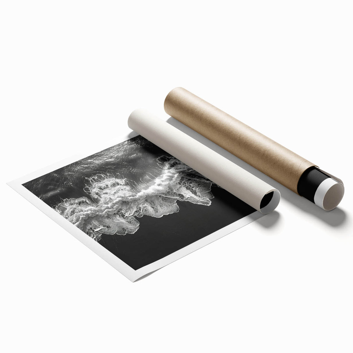 Vibrant rolled print of a serene beach landscape with soft waves, golden sand, and a pastel sky, ideal for home decor or coastal-themed interiors.