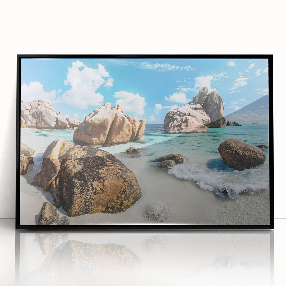 Framed wall art featuring a vibrant beach landscape design with a black frame, showcasing a serene ocean view and bright blue skies, ideal for home decor.
