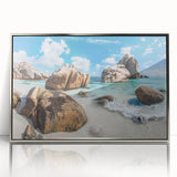 Framed acrylic wall art featuring a serene beach landscape design, with vibrant colors and a silver frame, perfect for enhancing modern home decor.