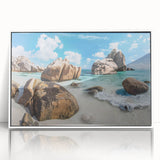 Framed acrylic wall art featuring a serene beach landscape in soft pastel colors, designed to enhance modern decor, showcased with a sleek white frame.