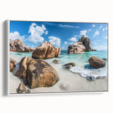 Framed canvas wall art showcasing a serene beach landscape design, featuring soft colors and a white frame, perfect for coastal decor enthusiasts.