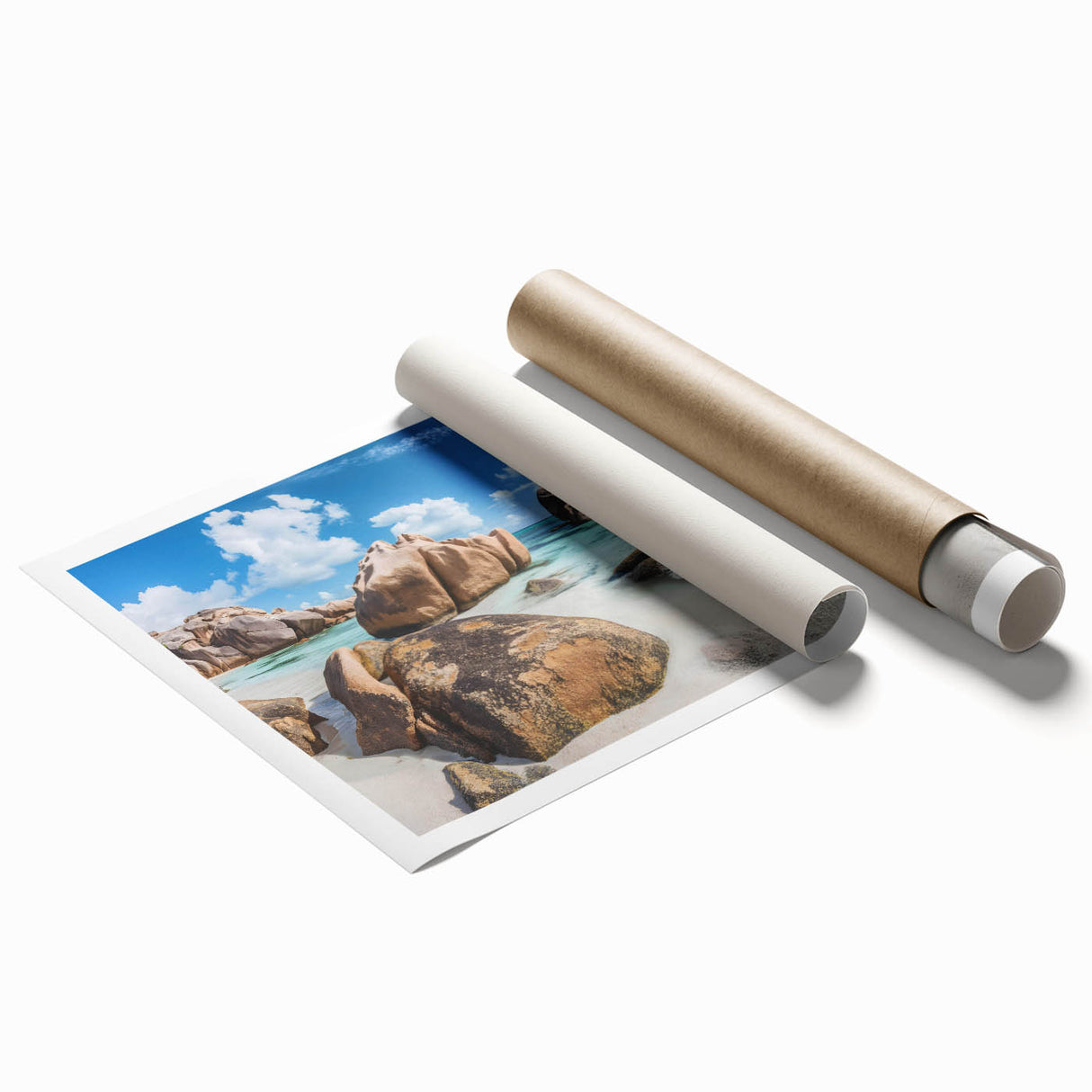 Stunning rolled print of a serene beach landscape featuring soft waves and golden sands, ideal for home decor. The vibrant colors evoke a calming atmosphere, perfect for creating a peaceful ambiance in any room.