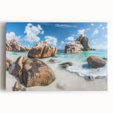 Stretched canvas artwork showcasing a serene beach landscape with vibrant blue skies and soft white clouds, perfect for enhancing coastal-themed decor or relaxation spaces.
