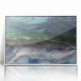 Framed acrylic wall art showcasing a vibrant beach landscape with rich colors, designed to enhance home decor, featuring a sleek white frame for an elegant touch.