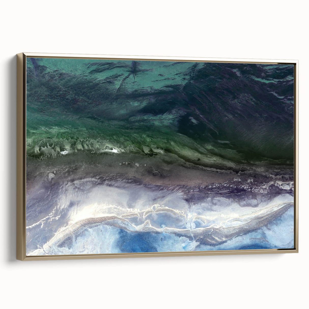 Framed wall art showcasing a serene beach landscape with vibrant colors and a gold frame, perfect for adding a coastal vibe to any room decor.