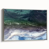 Framed canvas wall art showcasing a serene beach landscape with vibrant colors and silver detailing, ideal for home decor and coastal themes.
