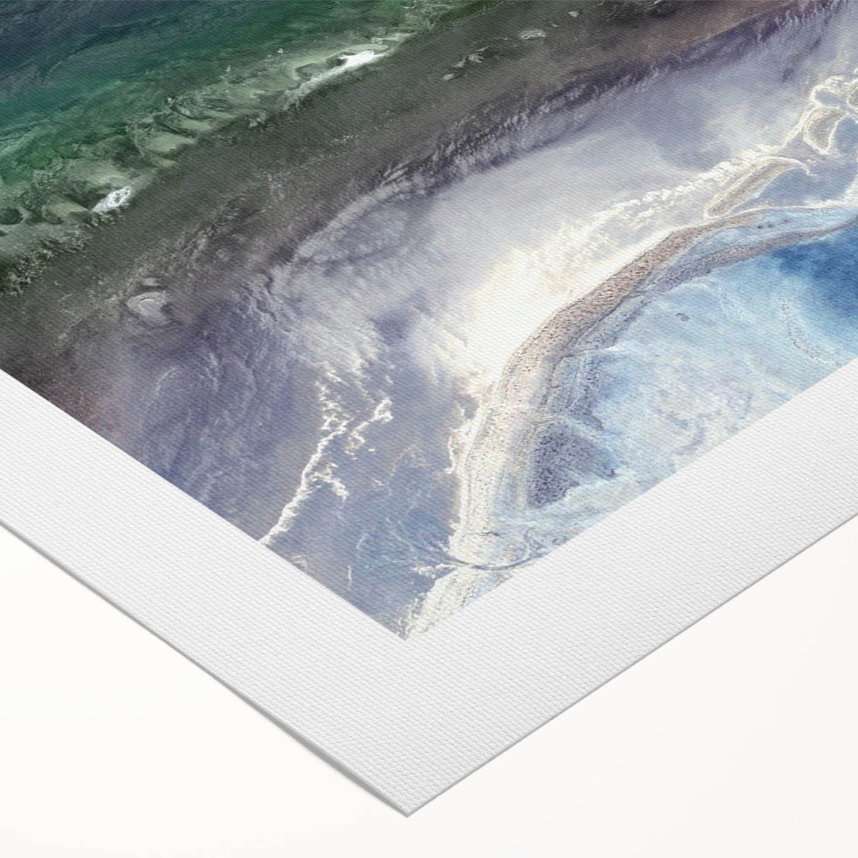 Vibrant rolled canvas wall art design depicting a serene beach landscape, featuring soft blue skies and golden sands, ideal for home décor and relaxation.