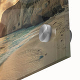 Close-up of a vibrant acrylic glass wall art piece showcasing a serene beach landscape, highlighting rich colors and intricate details, ideal for home decor.
