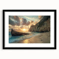 Framed black wall art featuring a serene beach landscape with vibrant colors, designed with a white mat for an elegant presentation, ideal for home decor.
