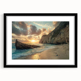 Framed black wall art featuring a serene beach landscape with vibrant colors, designed with a white mat for an elegant presentation, ideal for home decor.