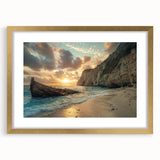 Gold-framed wall art featuring a serene beach landscape, perfect for home decor. The artwork showcases soft pastel colors, evoking tranquility and relaxation.