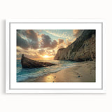 Framed landscape wall art featuring a serene beach scene with gentle waves and palm trees, presented in a sleek white mat, perfect for home decor.