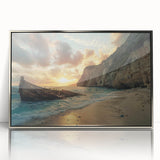 Framed acrylic wall art featuring a serene beach landscape design with vibrant colors and silver accents, perfect for modern home decor.