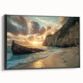 Framed canvas wall art showcasing a serene beach landscape with vibrant colors and intricate details, presented from a black side view, perfect for home decor.