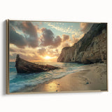 Framed canvas wall art showcasing a vibrant beach landscape with golden accents, perfect for coastal-themed decor, viewed from the side to highlight its elegant design.