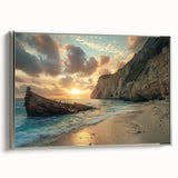 Framed canvas wall art showcasing a serene beach landscape with vibrant colors, silver border, and a modern design, perfect for contemporary home decor.