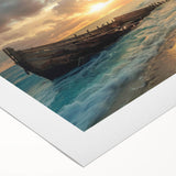 Vibrant rolled canvas artwork showcasing a serene beach landscape with blue skies and gentle waves, perfect for home decor or coastal-themed interiors.
