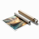 Rolled print showcasing a serene beach landscape with vibrant colors and soft waves, designed for wall art, elegantly packaged in a protective tube.